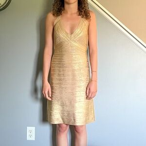 HERVE LEGER GOLD HALTER DRESS